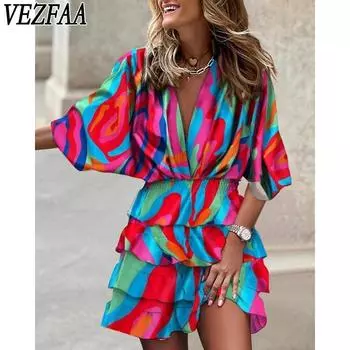 VEZFAA Женская мода весна-осень 1/2 рукава V-образный вырез повседневные платья S разноцветный
