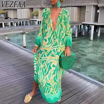 VEZFAA Женская мода весна осень цветные блоки принт длинный рукав V-образный вырез свободная талия повседневные платья S синий