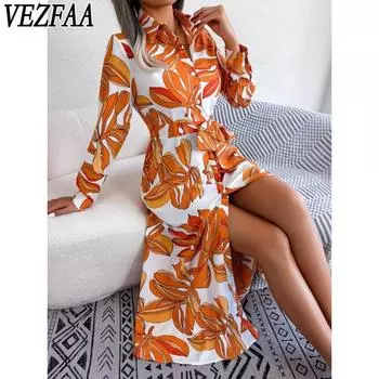 VEZFAA Женская мода весна осень цветочный узор принт длинный рукав поло воротник высокая талия повседневные платья S оранжевый