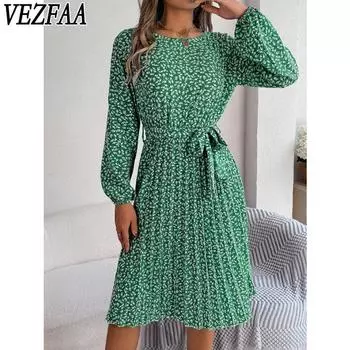 VEZFAA Женская мода весна-осень цветочный узор с длинным рукавом О-образным вырезом и высокой талией повседневные платья S зелёный