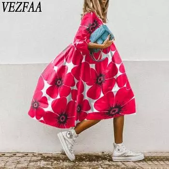 VEZFAA Женская мода весна-осень цветочный узор принт рукава 3/4 О-образный вырез свободная талия повседневные платья S