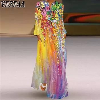 VEZFAA Женская мода весна-осень Геометрический принт Длинные рукава V-образный вырез Повседневные платья S