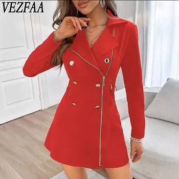 VEZFAA Женская мода весна осень однотонные принты с длинным рукавом поло-воротник повседневные платья S чёрный