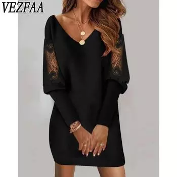 VEZFAA Женская мода весна осень однотонный принт с длинным рукавом и v-образным вырезом повседневные платья