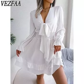 VEZFAA Женская мода весна осень однотонный принт с длинным рукавом и v-образным вырезом с высокой талией повседневные платья S белый