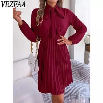 VEZFAA Женские модные весенне-осенние платья повседневного стиля с длинным рукавом, однотонные с принтом, с высокой талией S бордовый