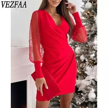 VEZFAA Женская мода весна осень однотонный принт длинный рукав V-образный вырез повседневные платья S красный