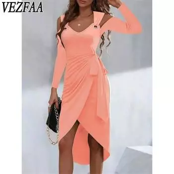 VEZFAA Женская мода весна осень однотонный принт с длинным рукавом и v-образным вырезом повседневные платья