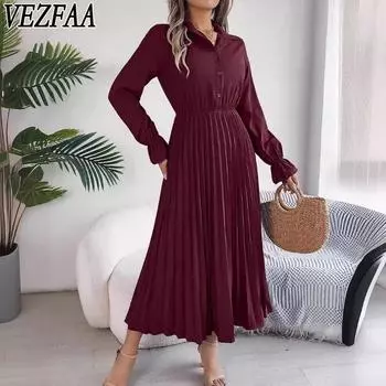 VEZFAA Женская мода весна осень однотонный принт длинный рукав поло воротник высокая талия повседневные платья S бордовый