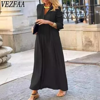 VEZFAA Женская мода весна осень однотонный принт длинный рукав V-образный вырез свободная талия повседневные платья S чёрный