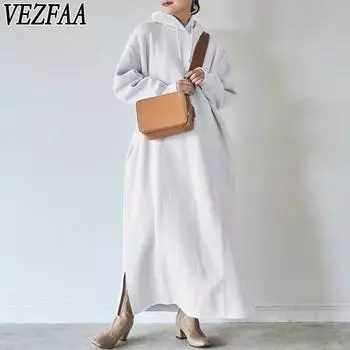 VEZFAA Женская мода весна осень однотонный принт длинный рукав капюшон свободная талия повседневные платья S белый