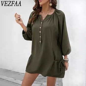 VEZFAA Женская мода весна осень однотонный принт длинный рукав V-образный вырез свободная талия повседневные платья S армия зеленый