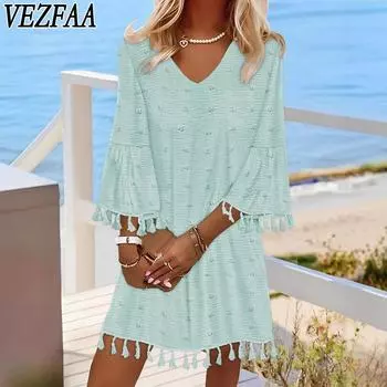 VEZFAA Женская мода весна осень однотонный принт длинный рукав V-образный вырез свободная талия повседневные платья S белый