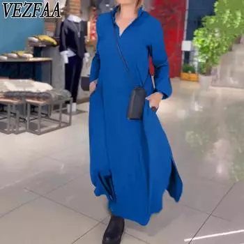 VEZFAA Женская мода весна осень однотонный принт длинный рукав V-образный вырез свободная талия повседневные платья S чёрный