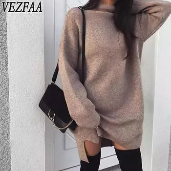 VEZFAA Женская мода Весна Осень Однотонный принт Длинный рукав Высокая горловина Свободная талия Повседневные платья S хаки