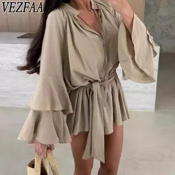 VEZFAA Женская мода весна осень однотонный принт с длинным рукавом и v-образным вырезом с высокой талией повседневные платья S белый