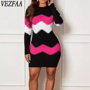 VEZFAA Женская мода весна осень полосатый принт длинный рукав О-образный вырез высокая талия повседневные платья S розовый