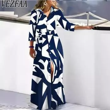 VEZFAA Женская мода весна осень полосатый принт длинный рукав поло воротник повседневные платья S темно-синий