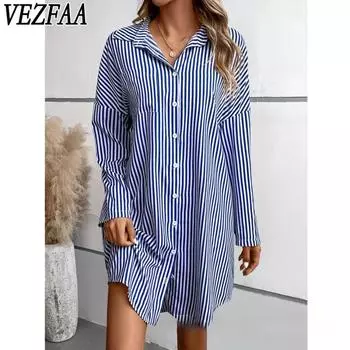VEZFAA Женская мода весна осень полосатый принт длинный рукав воротник поло свободная талия повседневные платья S синий