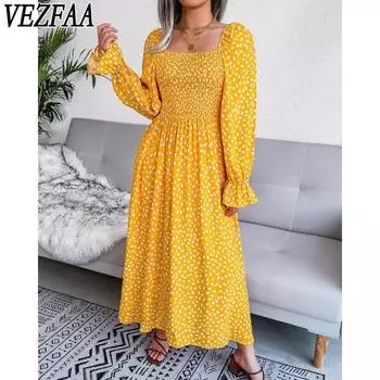 VEZFAA Женская мода весна-осень с цветочным узором и принтом с длинным рукавом и квадратным воротником с высокой талией повседневные платья S жёлтый