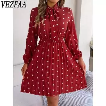 VEZFAA Женская мода весна-осень с принтом в горошек, длинным рукавом, V-образным вырезом, высокой талией, повседневные платья S красный