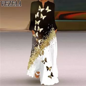 VEZFAA Женская мода весна-осень с принтом бабочек, длинным рукавом, V-образным вырезом, повседневные платья S