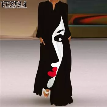 VEZFAA Женская мода весна-осень с принтом, длинным рукавом, V-образным вырезом, повседневные платья S