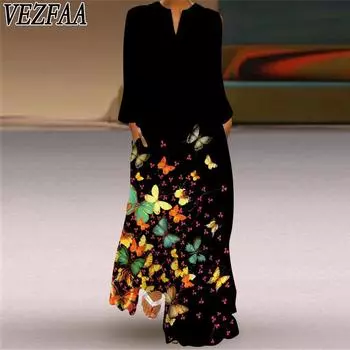 VEZFAA Женская мода весна-осень с принтом, длинным рукавом, V-образным вырезом, повседневные платья S