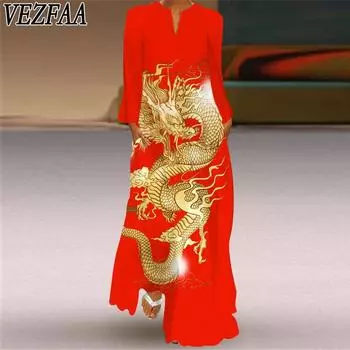 VEZFAA Женская мода весна-осень с принтом, длинным рукавом, V-образным вырезом, повседневные платья S