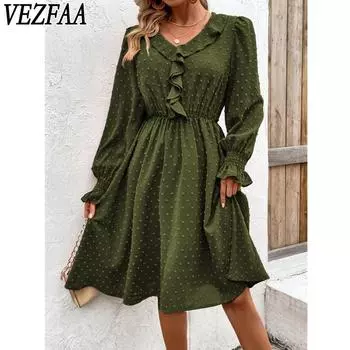 VEZFAA Женская мода весна-осень с принтом в горошек, длинным рукавом, V-образным вырезом, высокой талией, повседневные платья S зелёный