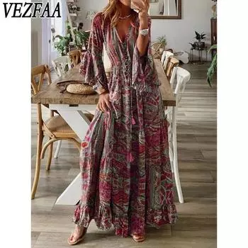 VEZFAA Женская мода весна осень винтажная богемия длинный рукав V-образный вырез высокая талия повседневные платья S красный