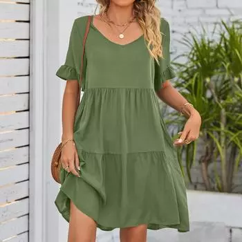 VEZFAA женские модные летние однотонные повседневные платья с короткими рукавами и v-образным вырезом с принтом
