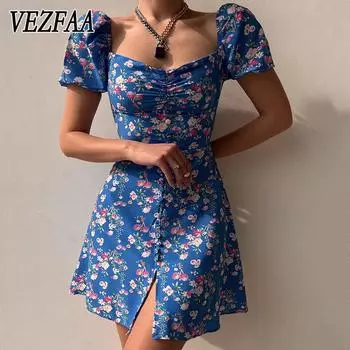 VEZFAA женские модные летние повседневные платья с цветочным узором и короткими рукавами, v-образным вырезом, трапециевидной формы и средней талией