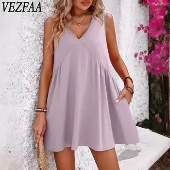 VEZFAA женские модные летние весенние однотонные повседневные платья без рукавов с v-образным вырезом и высокой талией S абрикосовый