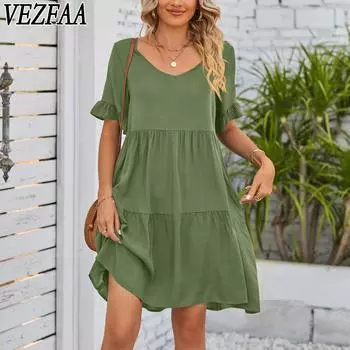 VEZFAA женские модные летние весенние однотонные повседневные платья трапециевидной формы с короткими рукавами и v-образным вырезом, однотонные с талией S чёрный
