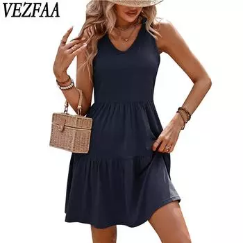 VEZFAA женские модные летние весенние однотонные повседневные платья без рукавов с v-образным вырезом и высокой талией S хаки