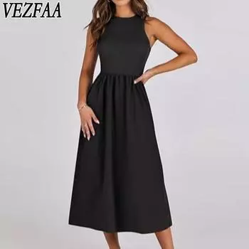 VEZFAA женские модные летние весенние однотонные повседневные платья без рукавов с круглым вырезом и высокой талией S чёрный