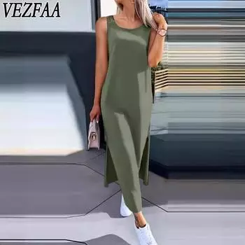 VEZFAA женские модные летние весенние однотонные повседневные платья без рукавов с круглым вырезом и принтом XXL белый