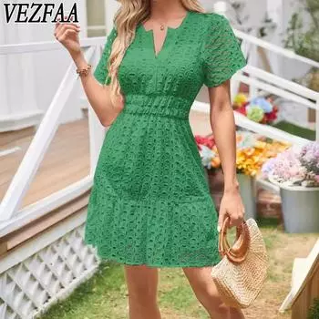 VEZFAA женские модные летние весенние однотонные повседневные платья с короткими рукавами и v-образным вырезом с принтом S белый