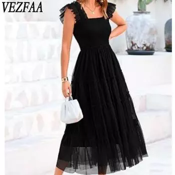 VEZFAA женские модные летние весенние однотонные повседневные платья без рукавов с квадратным воротником и принтом S чёрный