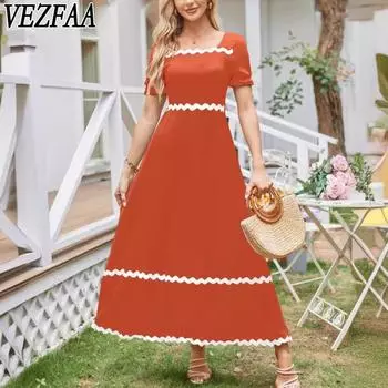 VEZFAA женские модные летние весенние однотонные повседневные платья с короткими рукавами и квадратным воротником и высокой талией S абрикосовый