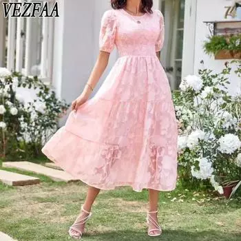 VEZFAA женские модные летние весенние однотонные повседневные платья с коротким рукавом и круглым вырезом с высокой талией и принтом S белый