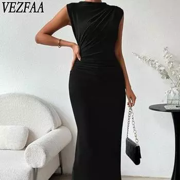 VEZFAA женские модные летние весенние однотонные повседневные платья без рукавов с круглым вырезом и высокой талией