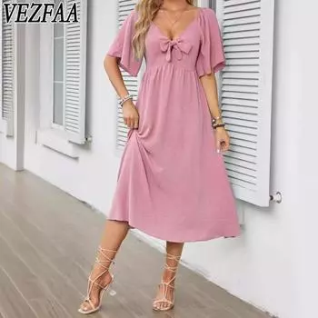 VEZFAA женские модные летние весенние однотонные повседневные платья с короткими рукавами и v-образным вырезом и высокой талией S белый