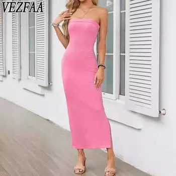 VEZFAA женские модные летние весенние однотонные повседневные платья без рукавов с высокой талией и принтом S белый