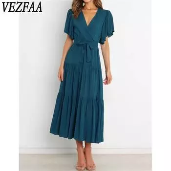 VEZFAA женские модные летние весенние однотонные повседневные платья с короткими рукавами и v-образным вырезом и высокой талией S розовый