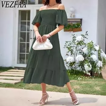 VEZFAA женские модные летние весенние однотонные повседневные платья с короткими рукавами и квадратным воротником и высокой талией S белый