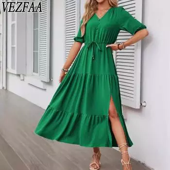 VEZFAA женские модные летние весенние однотонные повседневные платья с короткими рукавами и v-образным вырезом с принтом