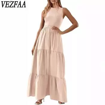 VEZFAA женские модные летние весенние однотонные повседневные платья без рукавов с круглым вырезом и высокой талией S чёрный
