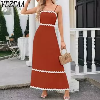 VEZFAA женские модные летние весенние однотонные повседневные платья без рукавов с высокой талией и принтом S синий